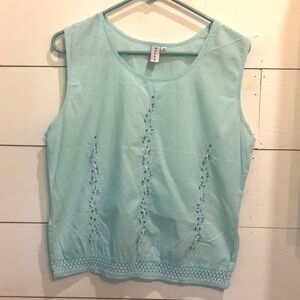 Wally Sleeveless Aqua Blue Top with Light Blue Beading Embroidery & Crochet Trim